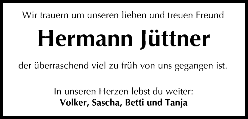  Traueranzeige für Hermann Jüttner vom 19.10.2013 aus MGO