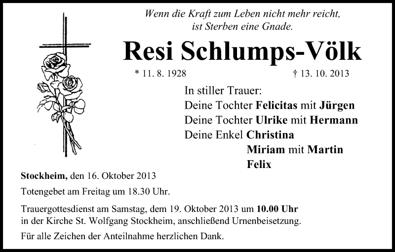  Traueranzeige für Resi Schlumps-Völk vom 16.10.2013 aus MGO