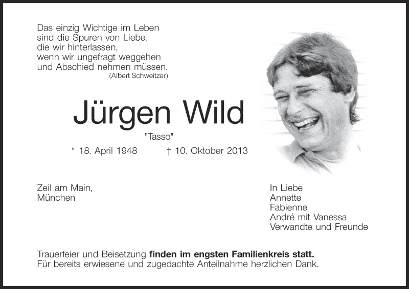  Traueranzeige für Jürgen Wild vom 16.10.2013 aus MGO