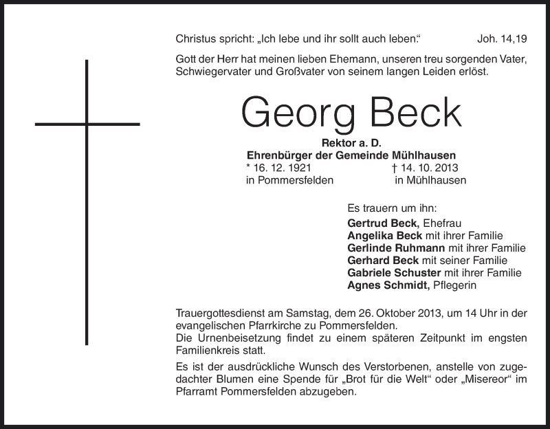  Traueranzeige für Georg Beck vom 16.10.2013 aus MGO