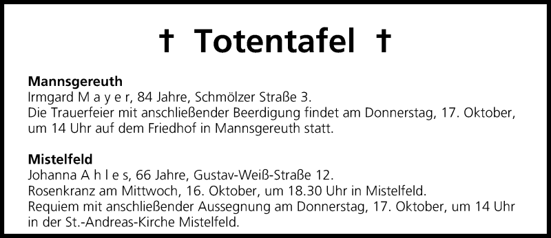  Traueranzeige für Totentafel vom 16.10.2013 vom 16.10.2013 aus MGO