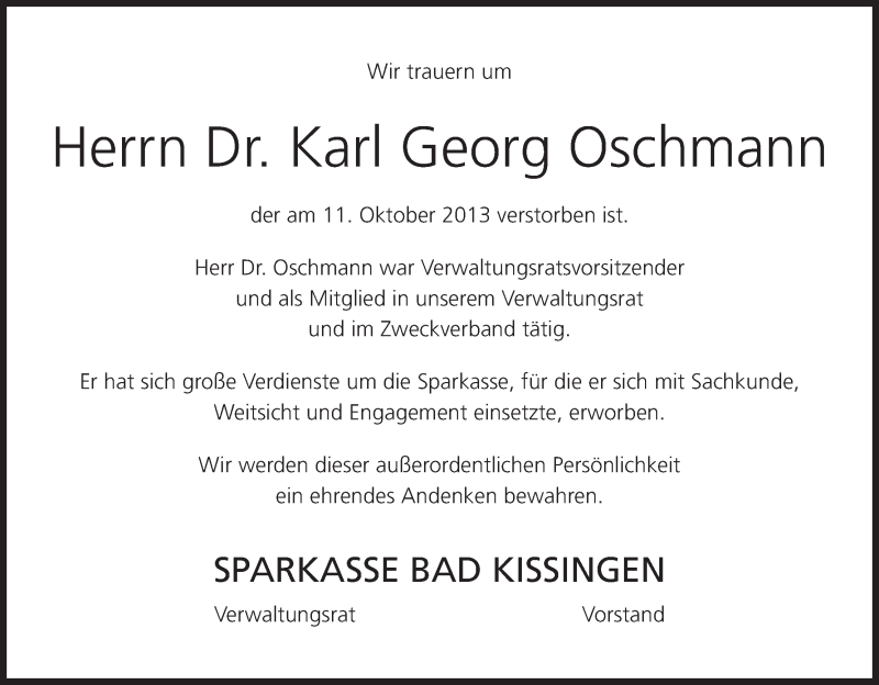  Traueranzeige für Karl Georg Oschmann vom 16.10.2013 aus MGO