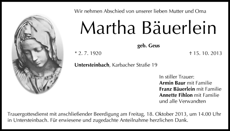  Traueranzeige für Martha Bäuerlein vom 17.10.2013 aus MGO