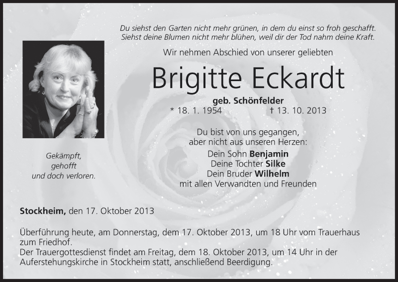 Traueranzeige für Brigitte Eckardt vom 17.10.2013 aus MGO