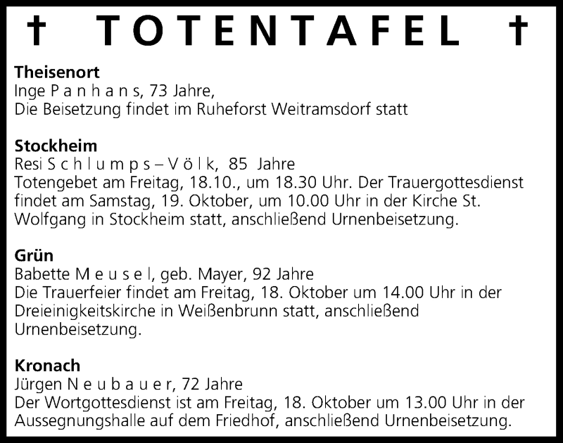  Traueranzeige für Totentafel vom 17.10.2013 vom 17.10.2013 aus MGO