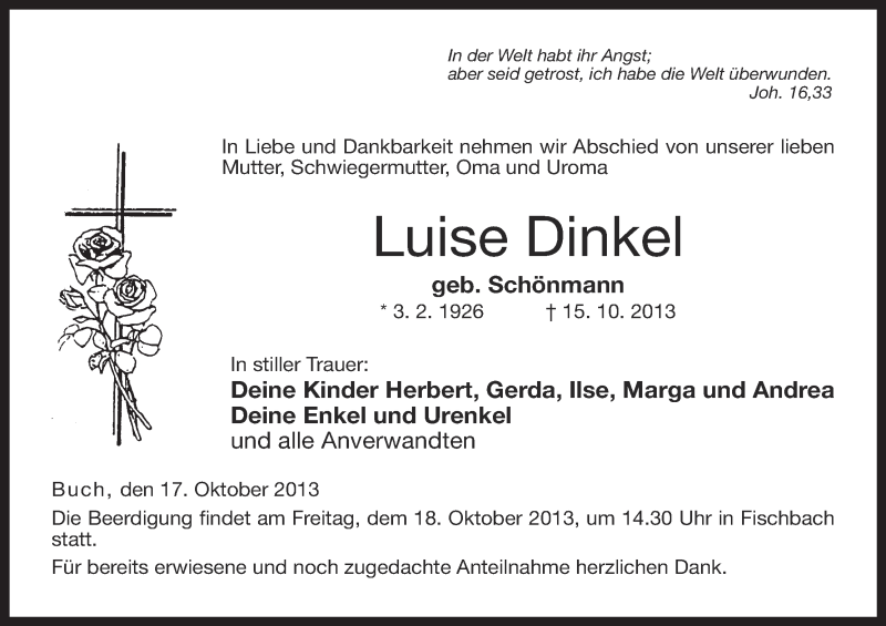  Traueranzeige für Luise Dinkel vom 17.10.2013 aus MGO