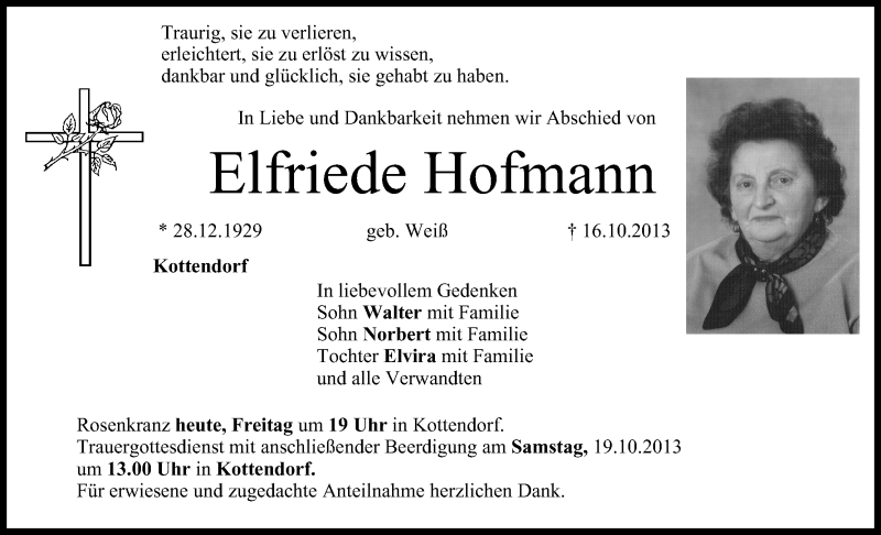 Elfriede Hofmann | Traueranzeige | trauer.inFranken.de