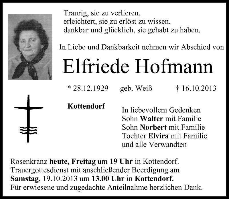  Traueranzeige für Elfriede Hofmann vom 18.10.2013 aus MGO