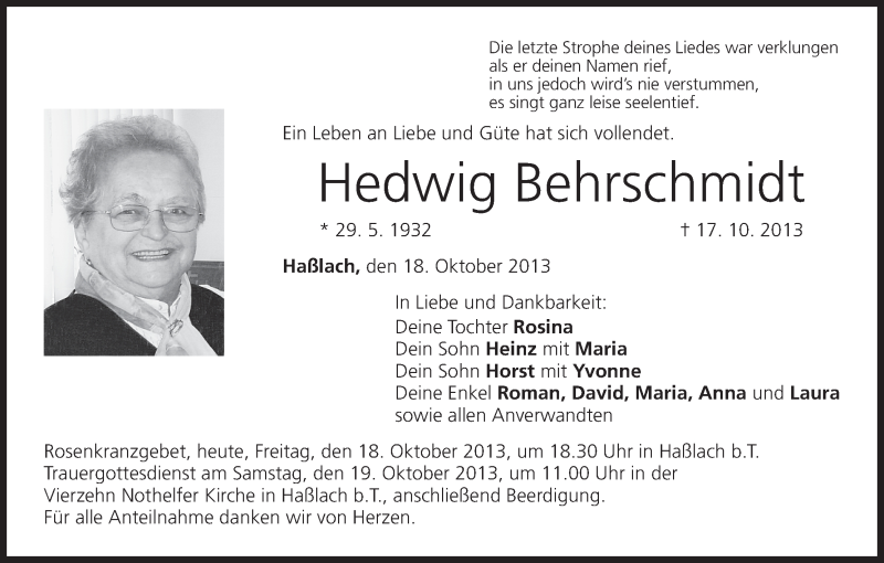  Traueranzeige für Hedwig Behrschmidt vom 18.10.2013 aus MGO