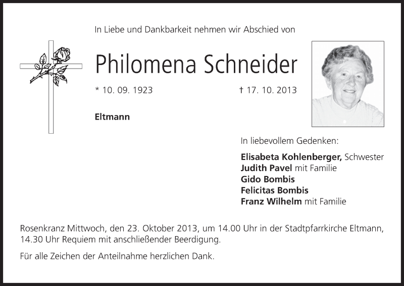  Traueranzeige für Philomena Schneider vom 21.10.2013 aus MGO