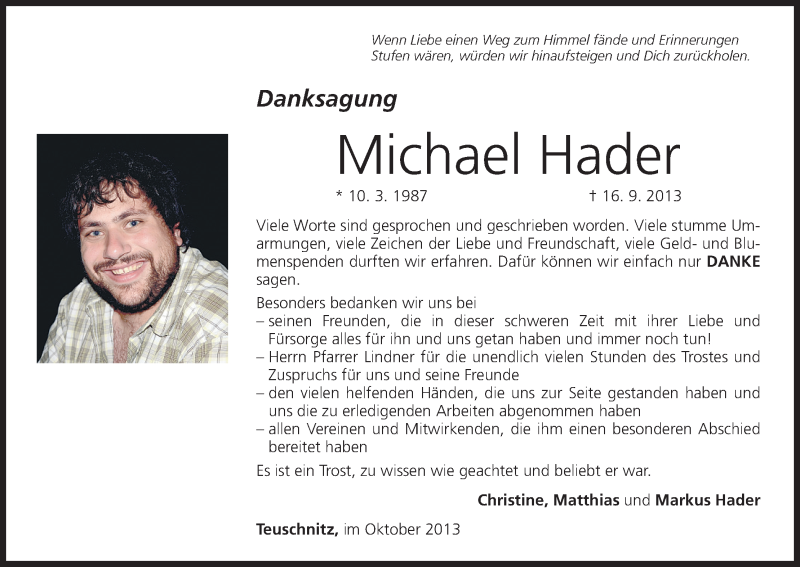 Traueranzeige für Michael Hader vom 19.10.2013 aus MGO