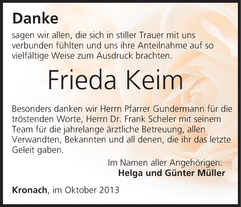  Traueranzeige für Frieda Keim vom 19.10.2013 aus MGO