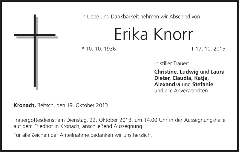  Traueranzeige für Erika Knorr vom 19.10.2013 aus MGO