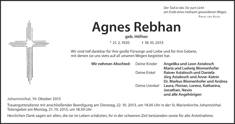  Traueranzeige für Agnes Rebhan vom 19.10.2013 aus MGO