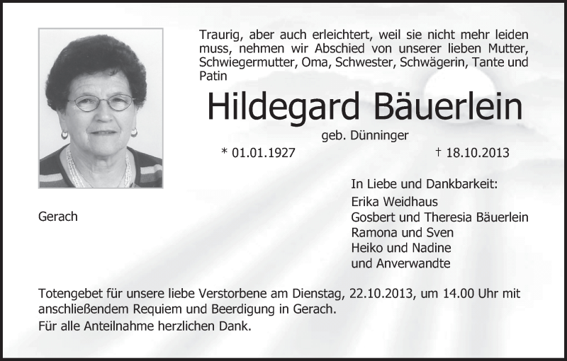 Traueranzeige für Hildegard Bäuerlein vom 19.10.2013 aus MGO