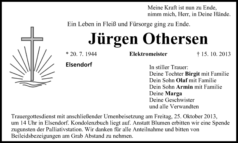  Traueranzeige für Jürgen Othersen vom 22.10.2013 aus MGO
