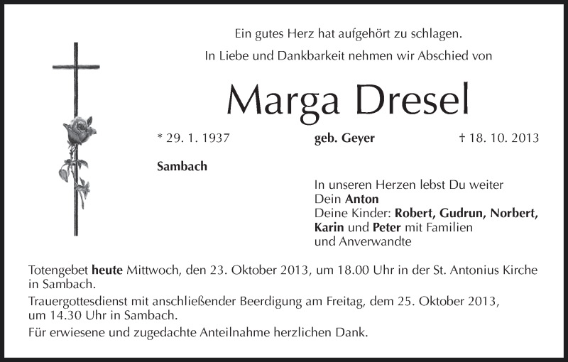  Traueranzeige für Marga Dresel vom 23.10.2013 aus MGO