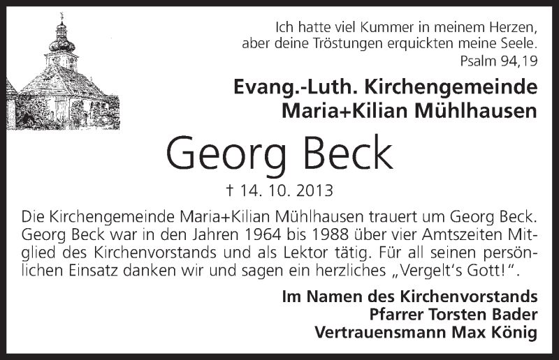  Traueranzeige für Georg Beck vom 25.10.2013 aus MGO