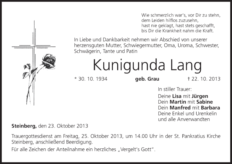  Traueranzeige für Kunigunda Lang vom 23.10.2013 aus MGO