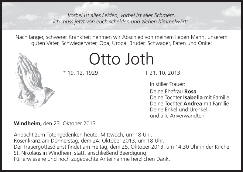  Traueranzeige für Otto Joth vom 23.10.2013 aus MGO