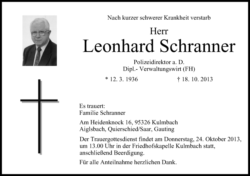  Traueranzeige für Leonhard Schranner vom 23.10.2013 aus MGO