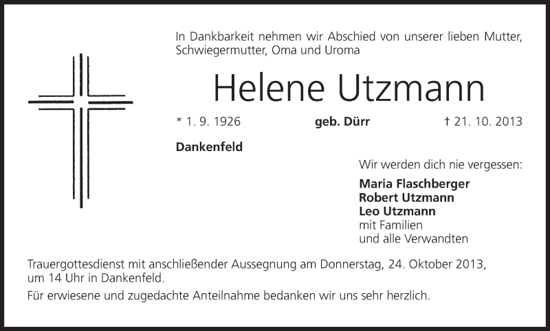  Traueranzeige für Helene Utzmann vom 23.10.2013 aus MGO