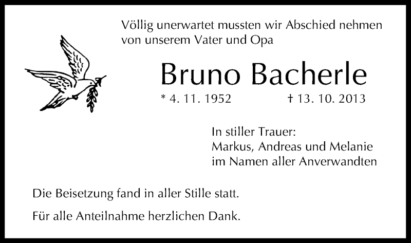  Traueranzeige für Bruno Bacherle vom 01.11.2013 aus MGO