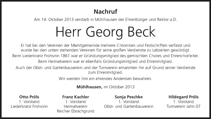  Traueranzeige für Georg Beck vom 24.10.2013 aus MGO