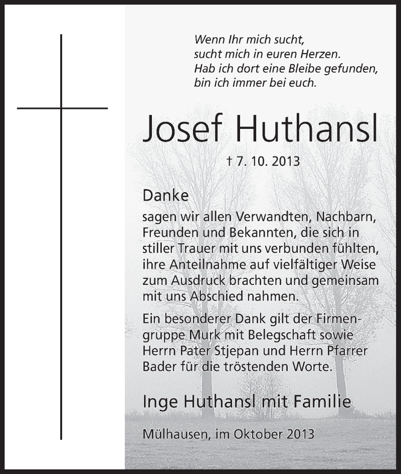  Traueranzeige für Josef Huthansl vom 24.10.2013 aus MGO
