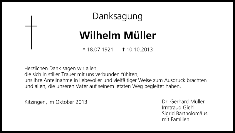  Traueranzeige für Wilhelm Müller vom 26.10.2013 aus MGO