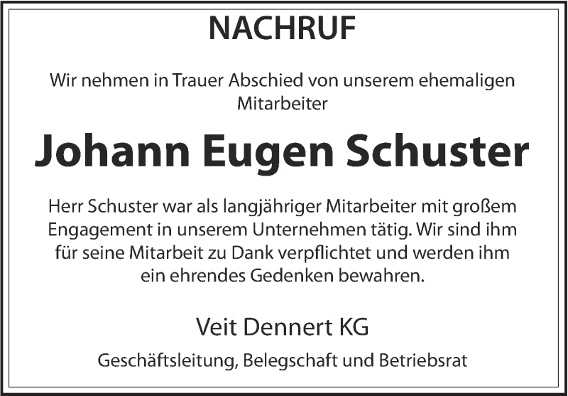  Traueranzeige für Johann Eugen Schuster vom 24.10.2013 aus MGO