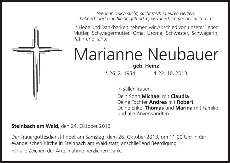  Traueranzeige für Marianne Neubauer vom 24.10.2013 aus MGO