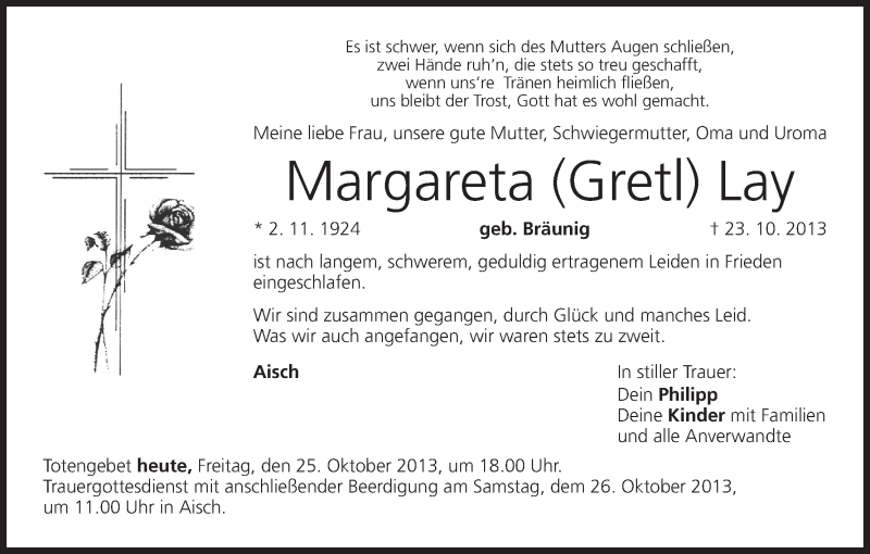  Traueranzeige für Margareta Lay vom 25.10.2013 aus MGO