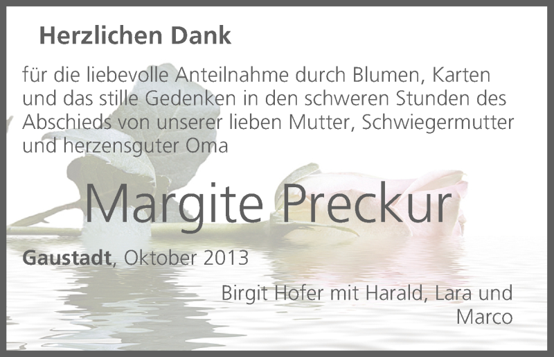  Traueranzeige für Margite Preckur vom 26.10.2013 aus MGO