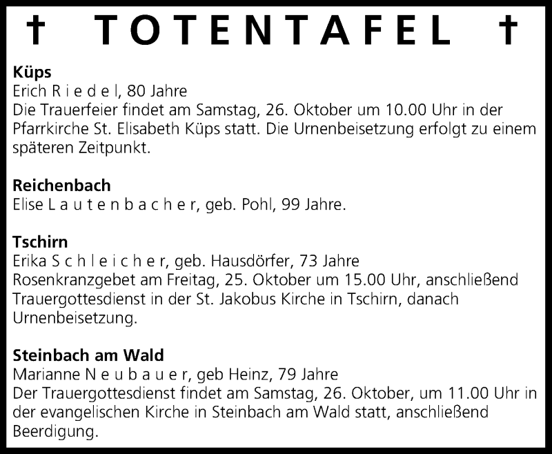  Traueranzeige für Totentafel vom 25.10.2013 vom 25.10.2013 aus MGO