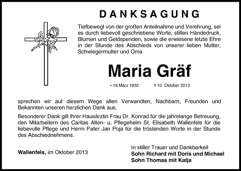  Traueranzeige für Maria Gräf vom 26.10.2013 aus MGO