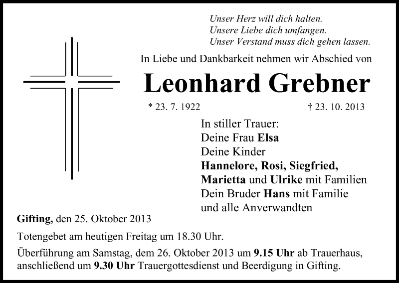  Traueranzeige für Leonhard Grebner vom 25.10.2013 aus MGO