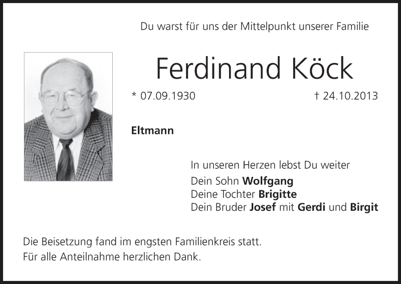  Traueranzeige für Ferdinand Köck vom 29.10.2013 aus MGO