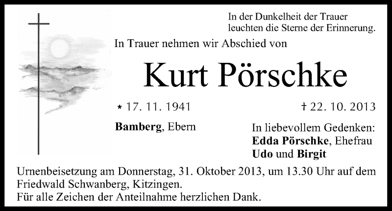  Traueranzeige für Kurt Pörschke vom 26.10.2013 aus MGO