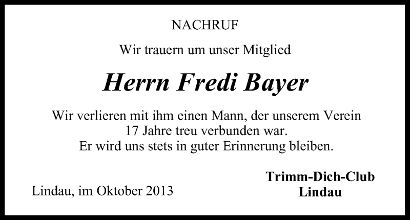  Traueranzeige für Fredi Bayer vom 26.10.2013 aus MGO