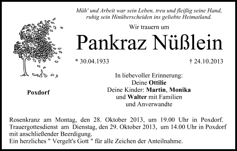  Traueranzeige für Pankraz Nüßlein vom 26.10.2013 aus MGO