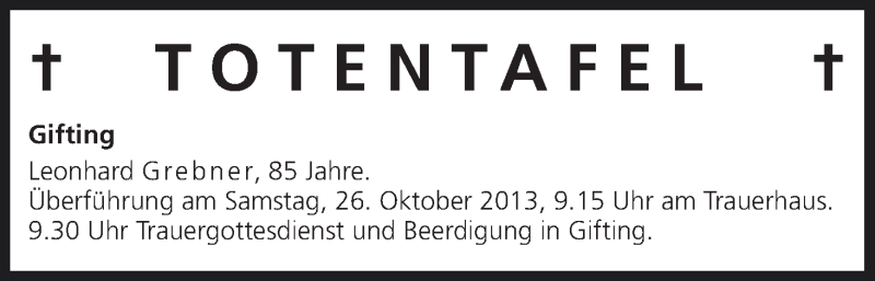  Traueranzeige für Totentafel vom 26.10.2013 vom 26.10.2013 aus MGO