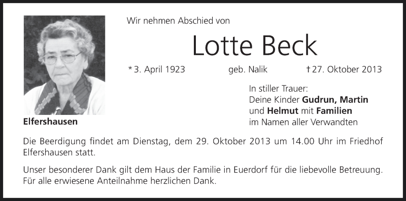  Traueranzeige für Lotte Beck vom 28.10.2013 aus MGO