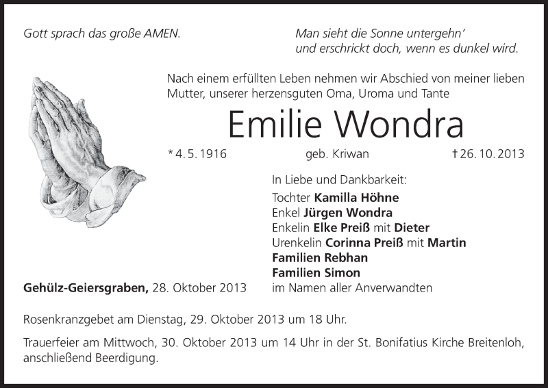 Traueranzeige für Emilie Wondra vom 28.10.2013 aus MGO