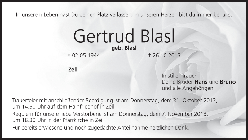  Traueranzeige für Gertrud Blasl vom 28.10.2013 aus MGO