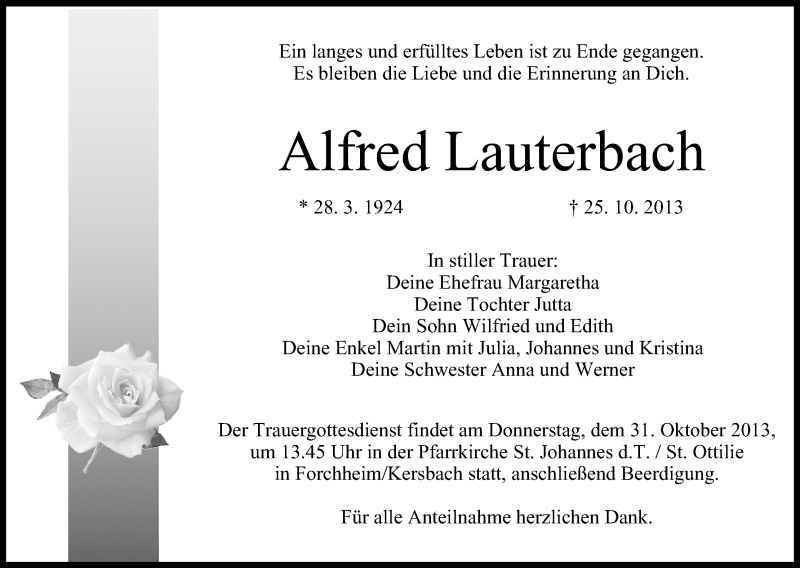  Traueranzeige für Alfred Lauterbach vom 29.10.2013 aus MGO