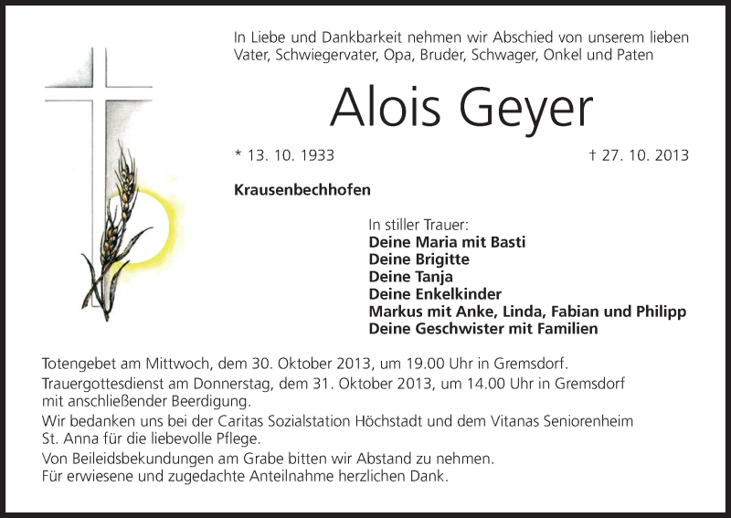  Traueranzeige für Alois Geyer vom 29.10.2013 aus MGO