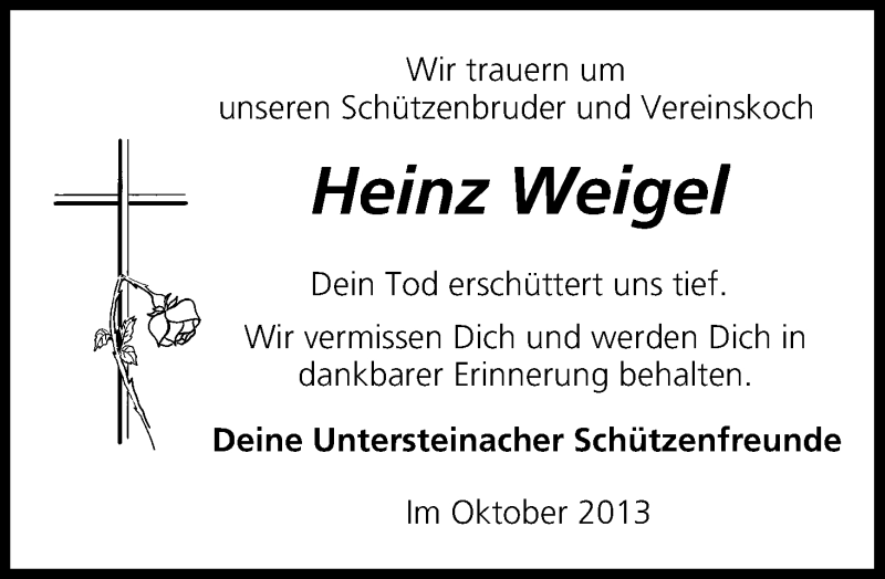  Traueranzeige für Heinz Weigel vom 29.10.2013 aus MGO