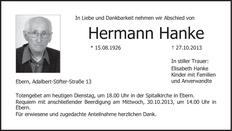  Traueranzeige für Hermann Hanke vom 29.10.2013 aus MGO
