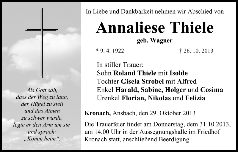  Traueranzeige für Annaliese Thiele vom 29.10.2013 aus MGO